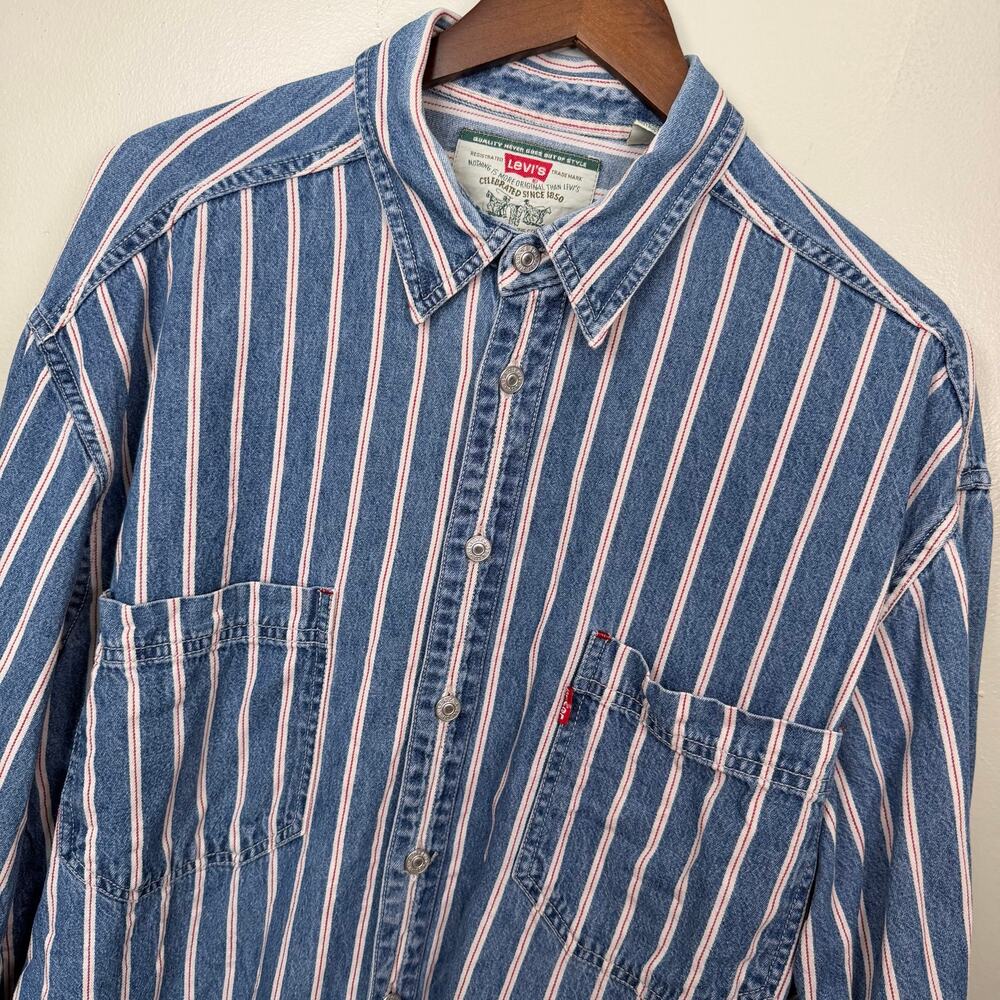 Vintage Levi’s Men’s L Denim Railway Striped Button Down Shirt Cotton Blue 90s